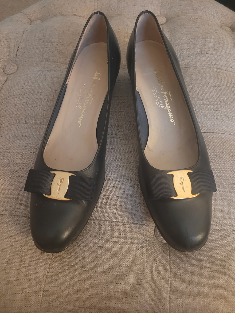 Salvatore Ferragamo Navy Vara Bow Leather Flats with Gold Plaque